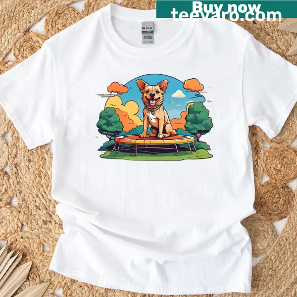 Oversized T-shirt with a dog playing on a trampoline graphic