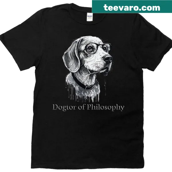 Illustrative T-shirt featuring a thoughtful dog with philosophical themes.