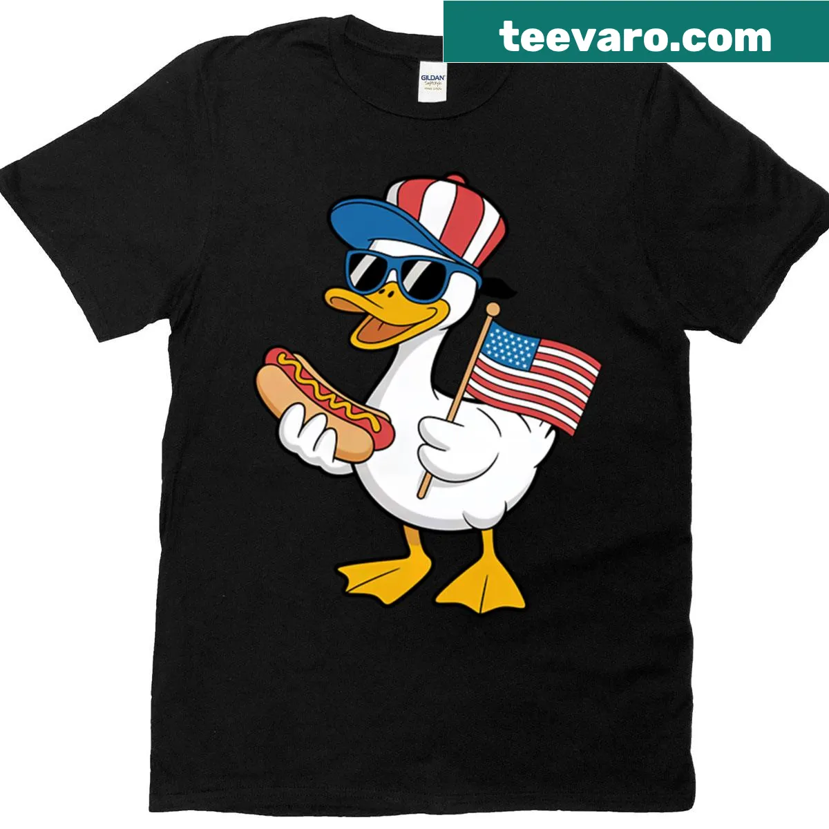Cartoon duck with hotdog and flag graphic T-shirt — on a men's t-shirt