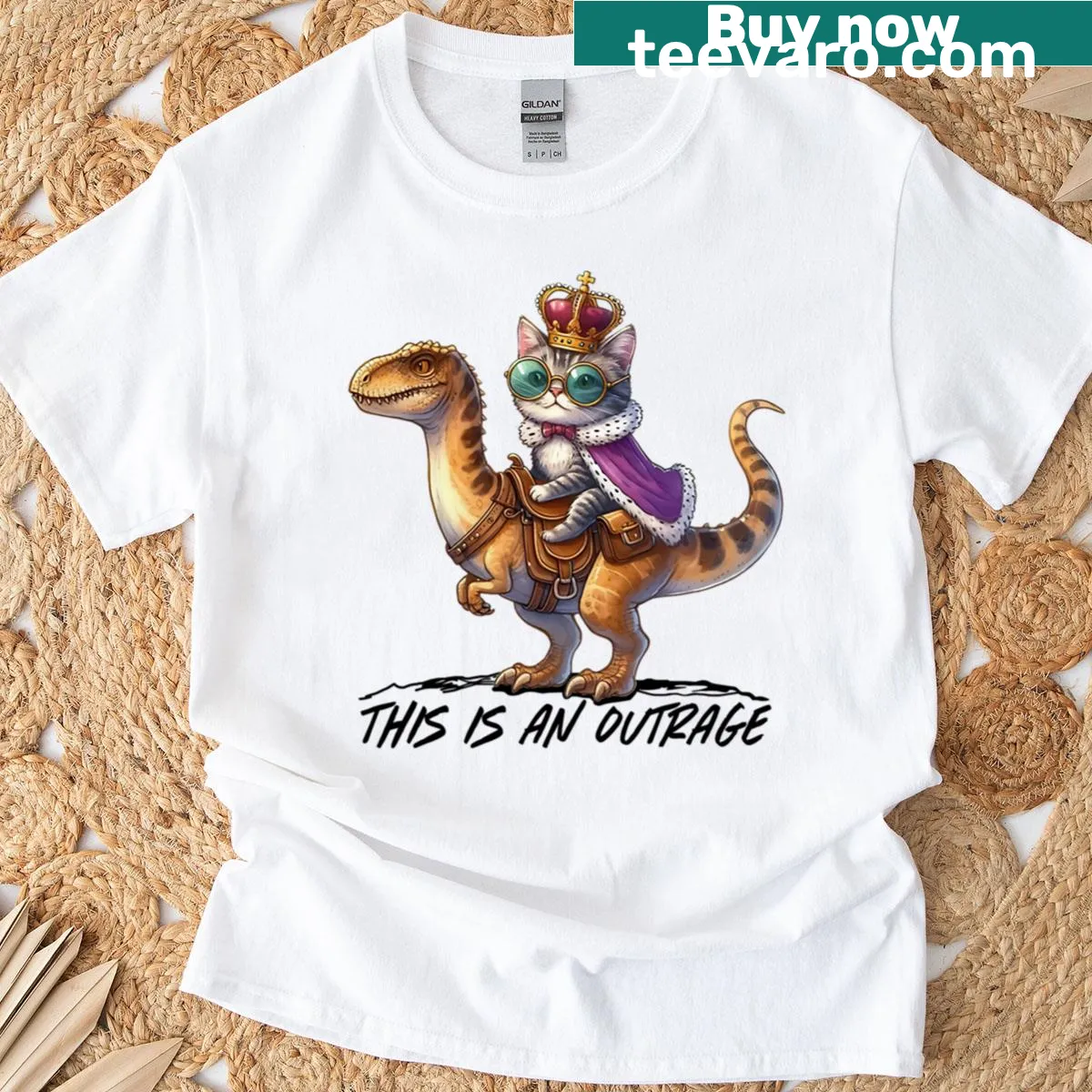 Illustrated Dungeon Crawler Carl T-shirt with bold 'This Is An Outrage' text — on a men's t-shirt