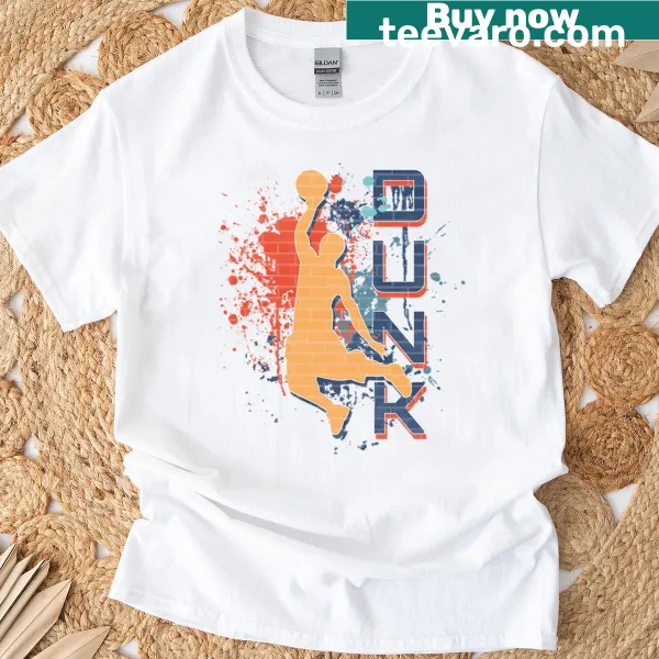 Illustrated basketball player performing a slam dunk on T-shirt