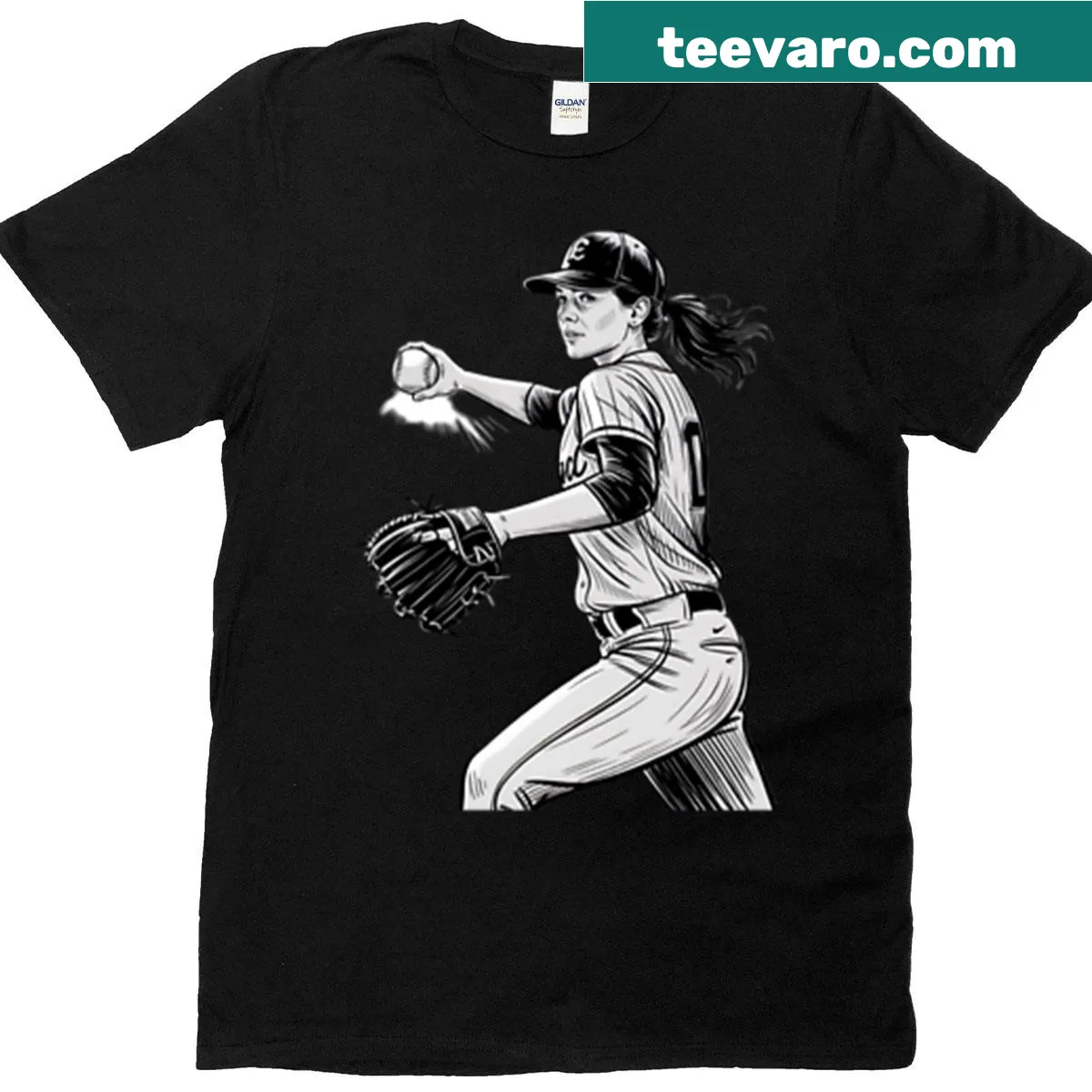 Illustration of a female baseball pitcher in action on a t-shirt — on a men's t-shirt