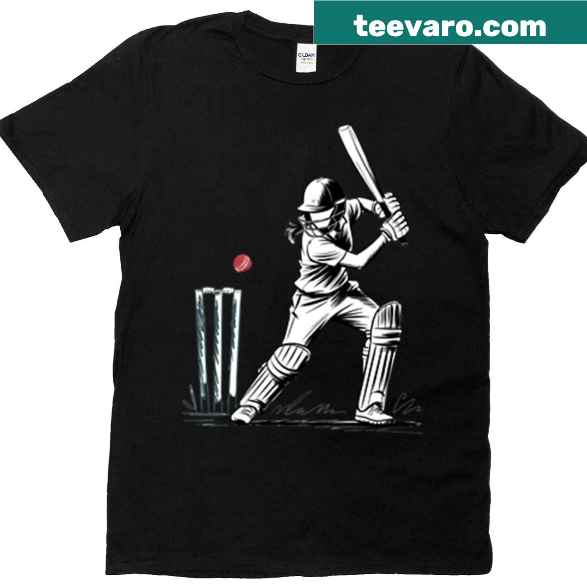 Dynamic female cricket batter graphic T-shirt — on a men's t-shirt