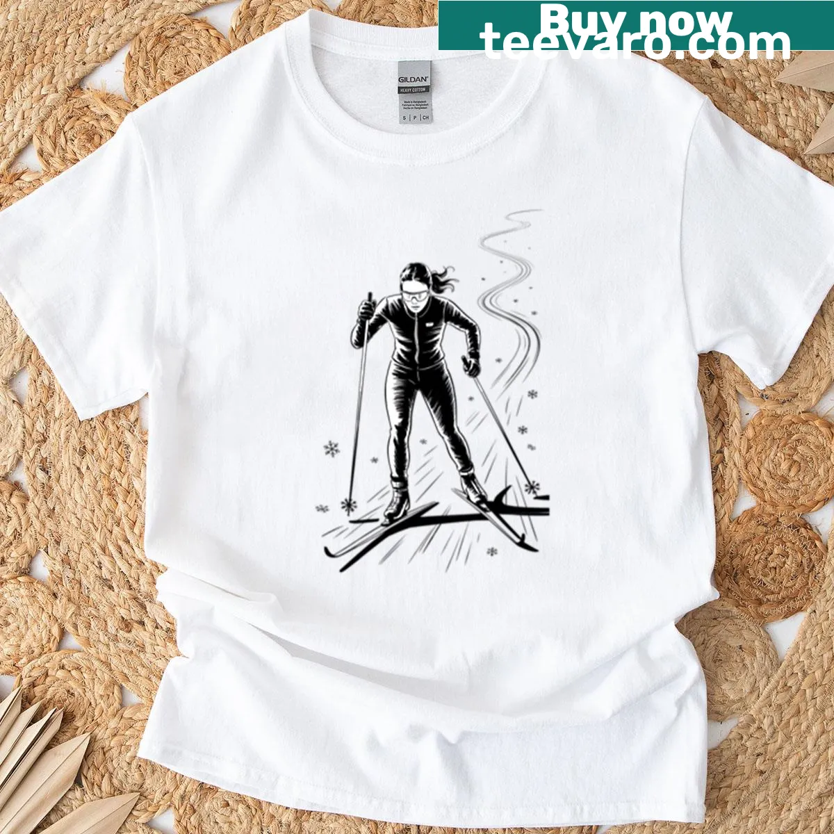 Dynamic graphic of a female cross-country skier in motion on T-shirt — on a men's t-shirt