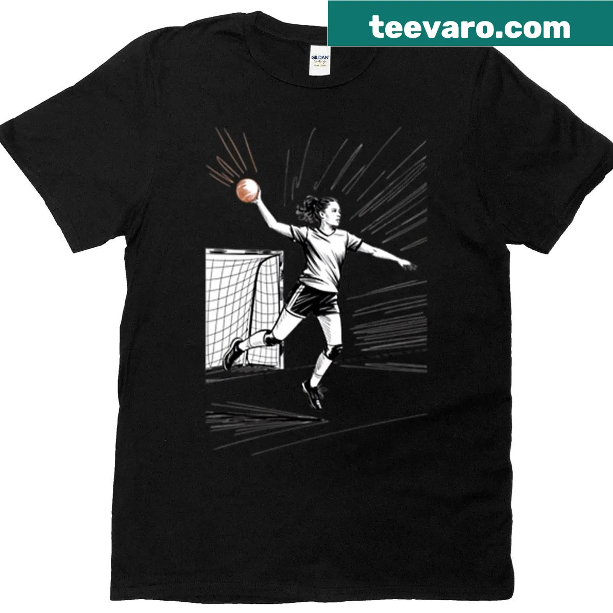 Dynamic female handball player throw graphic T-shirt — on a men's t-shirt