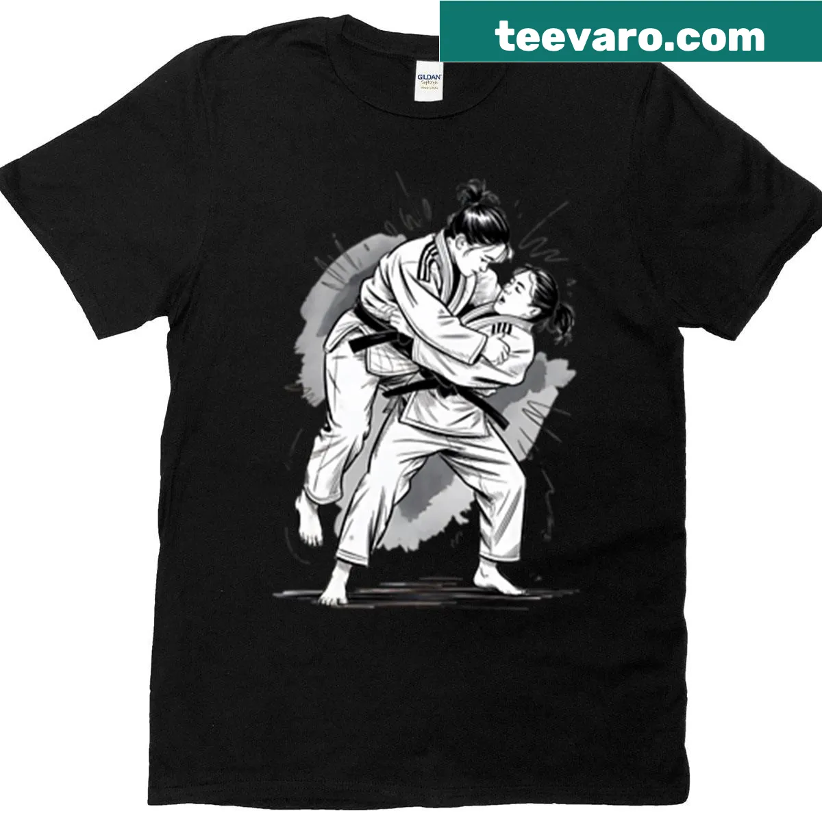 Dynamic female judo throw graphic T-shirt — on a men's t-shirt