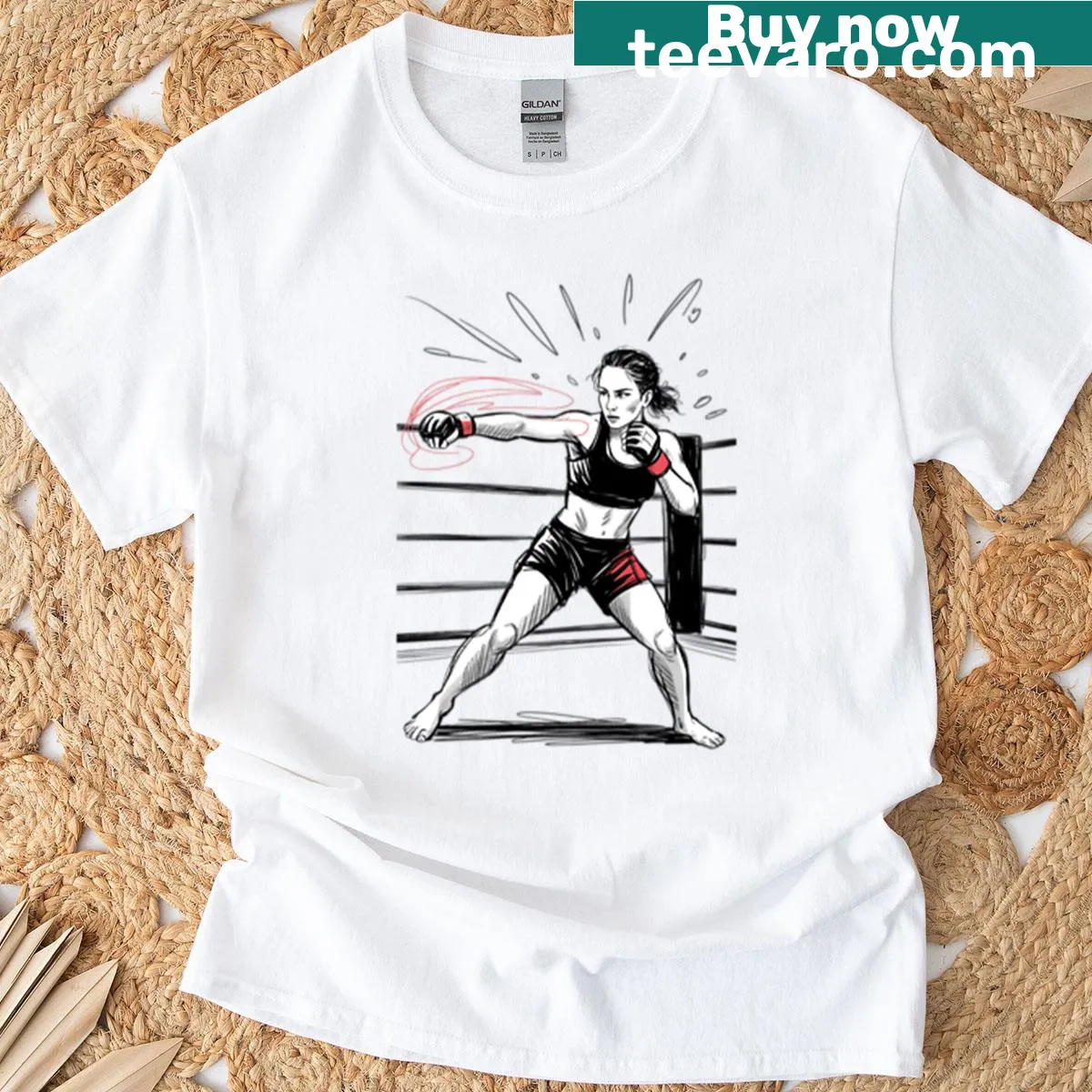 Illustration of a female MMA fighter throwing a punch on a T-shirt — on a men's t-shirt