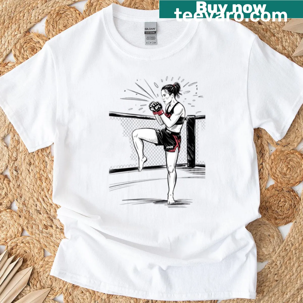 Illustration of a female MMA fighter in a dynamic stance — on a men's t-shirt