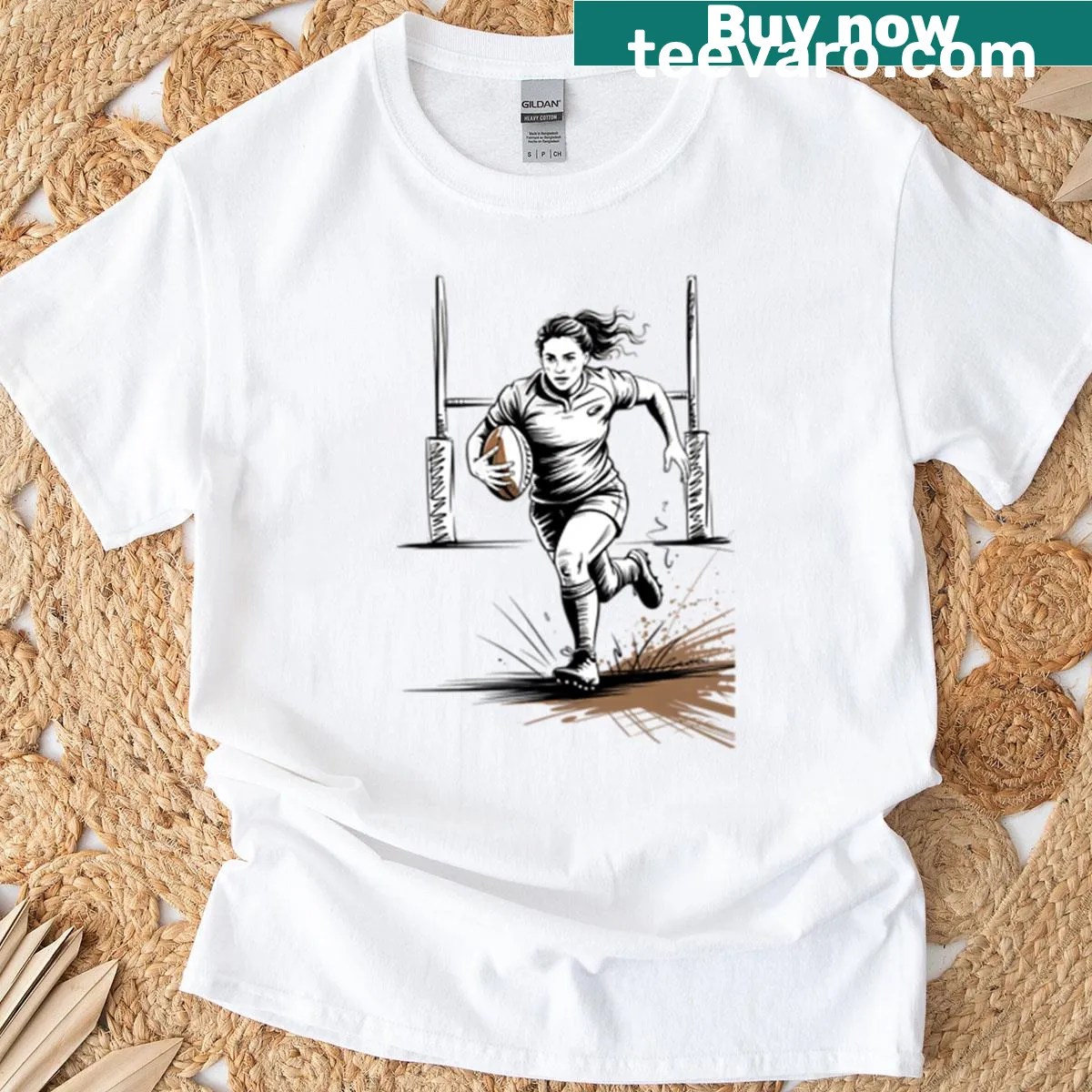 Illustration of a female rugby player on a t-shirt — on a men's t-shirt