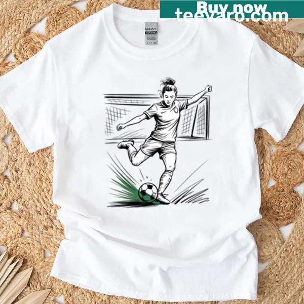 Dynamic female soccer player mid-kick illustration on tee