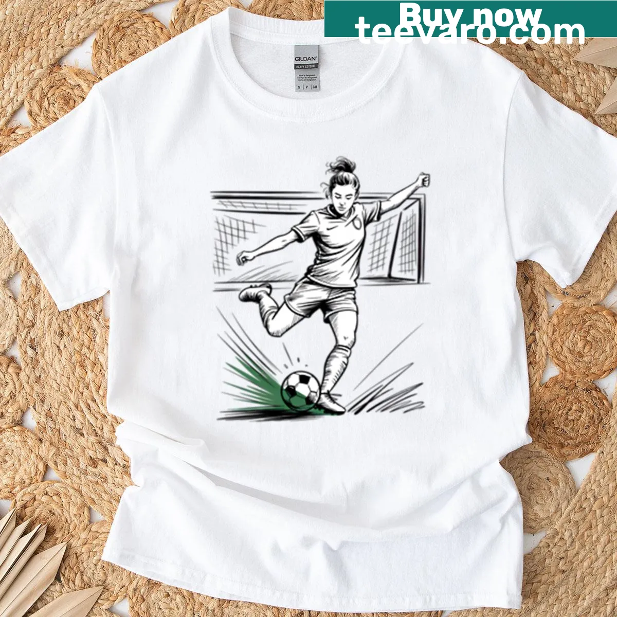 Dynamic female soccer player mid-kick illustration on tee — on a men's t-shirt