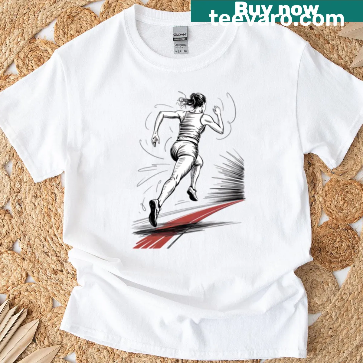 Illustration of a female sprinter on a track — on a men's t-shirt