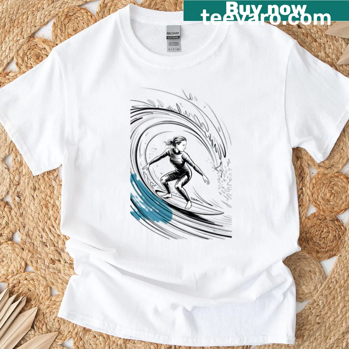 Dynamic illustration of a female surfer riding a wave on a T-shirt — on a men's t-shirt