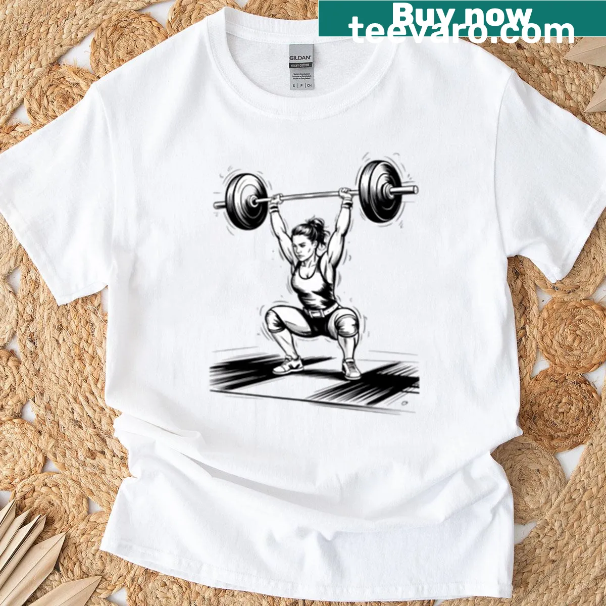 Illustration of a female weightlifter executing a clean jerk — on a men's t-shirt