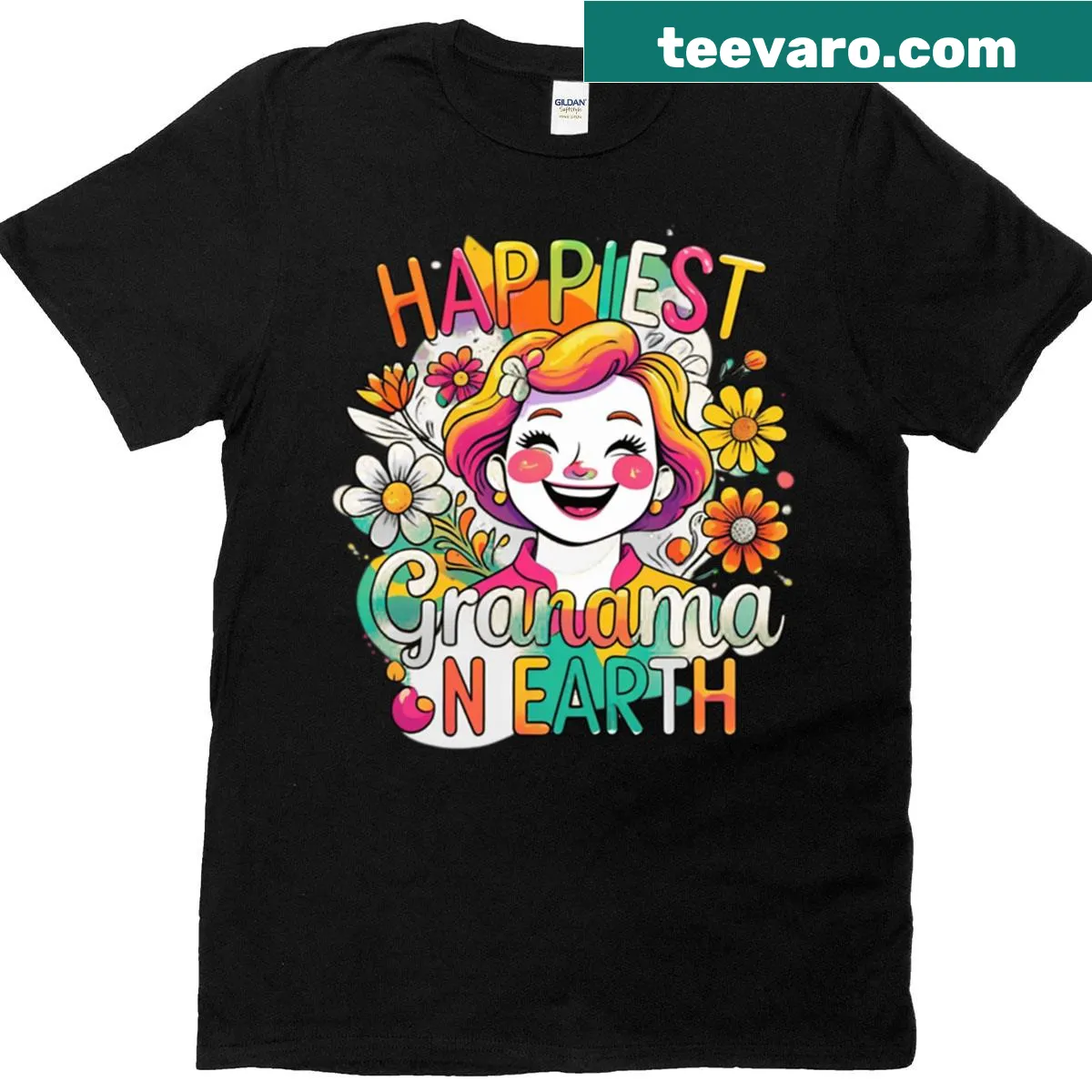 Typography t-shirt featuring 'Earth's Happiest Grandma' text — on a men's t-shirt