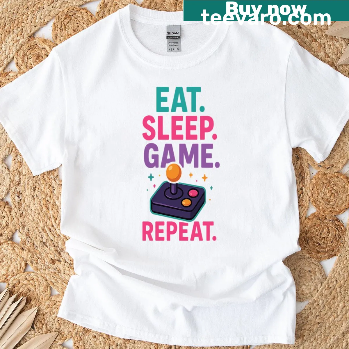 Eat Sleep Game Repeat text graphic t-shirt — on a men's t-shirt