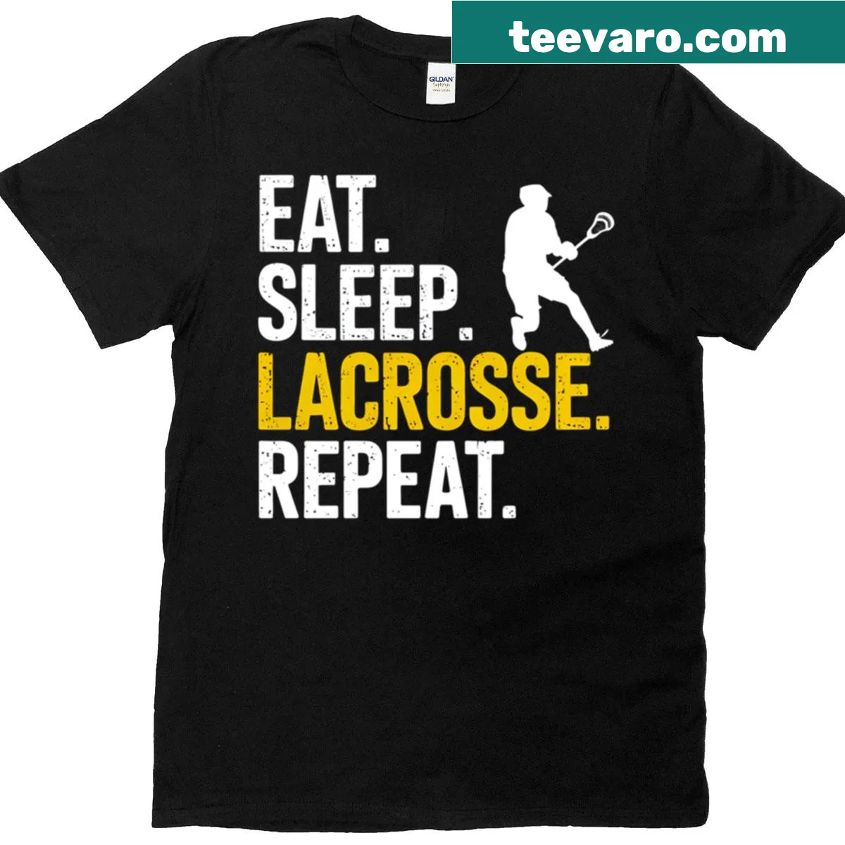 Typography t-shirt with 'Eat Sleep Lacrosse Repeat' text — on a men's t-shirt