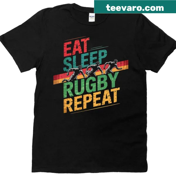 Humorous typography design with 'Eat Sleep Rugby Repeat' text