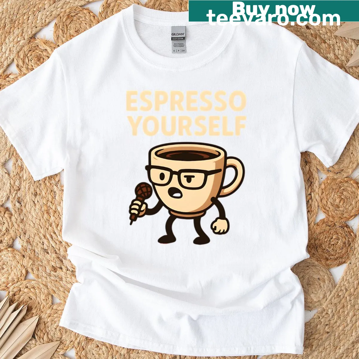 Funny coffee cup illustration with 'Espresso Yourself' on T-shirt — on a men's t-shirt