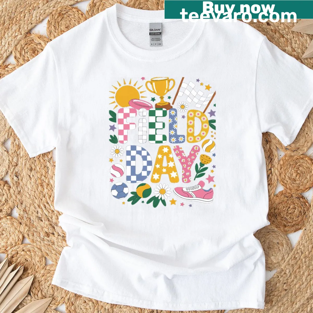 Field Day themed T-shirt with 'Let The Games Begin' illustration — on a men's t-shirt