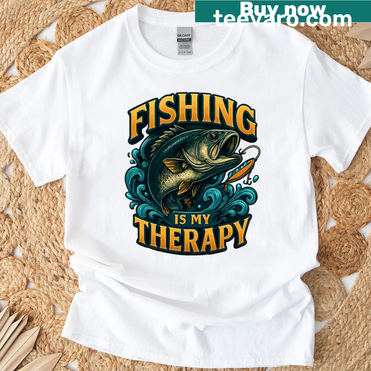 Illustrated fishing scene on a t-shirt emphasizing fishing as therapy — on a men's t-shirt