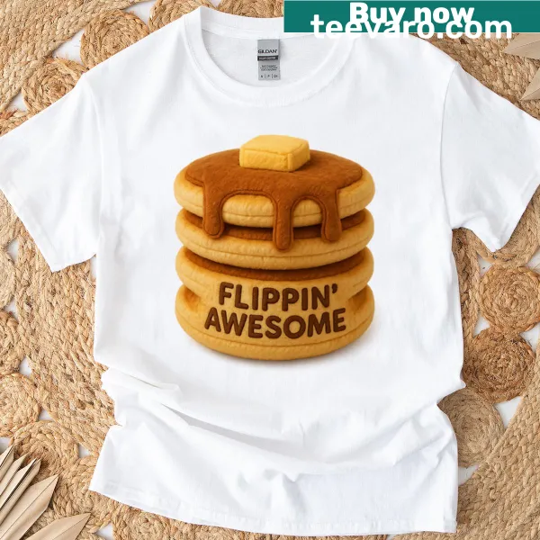 Playful t-shirt featuring whimsical pancake illustrations with personality