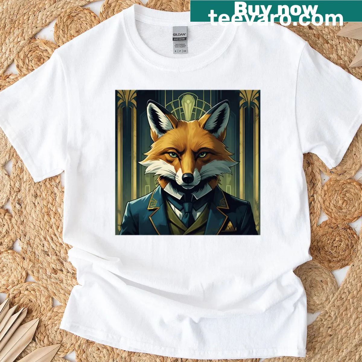 Illustrated T-shirt featuring a playful fox graphic — on a men's t-shirt