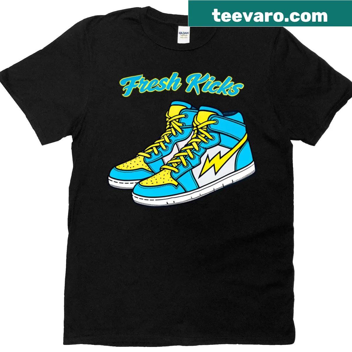 Retro 80s t-shirt with sneakers and lightning bolt design — on a men's t-shirt