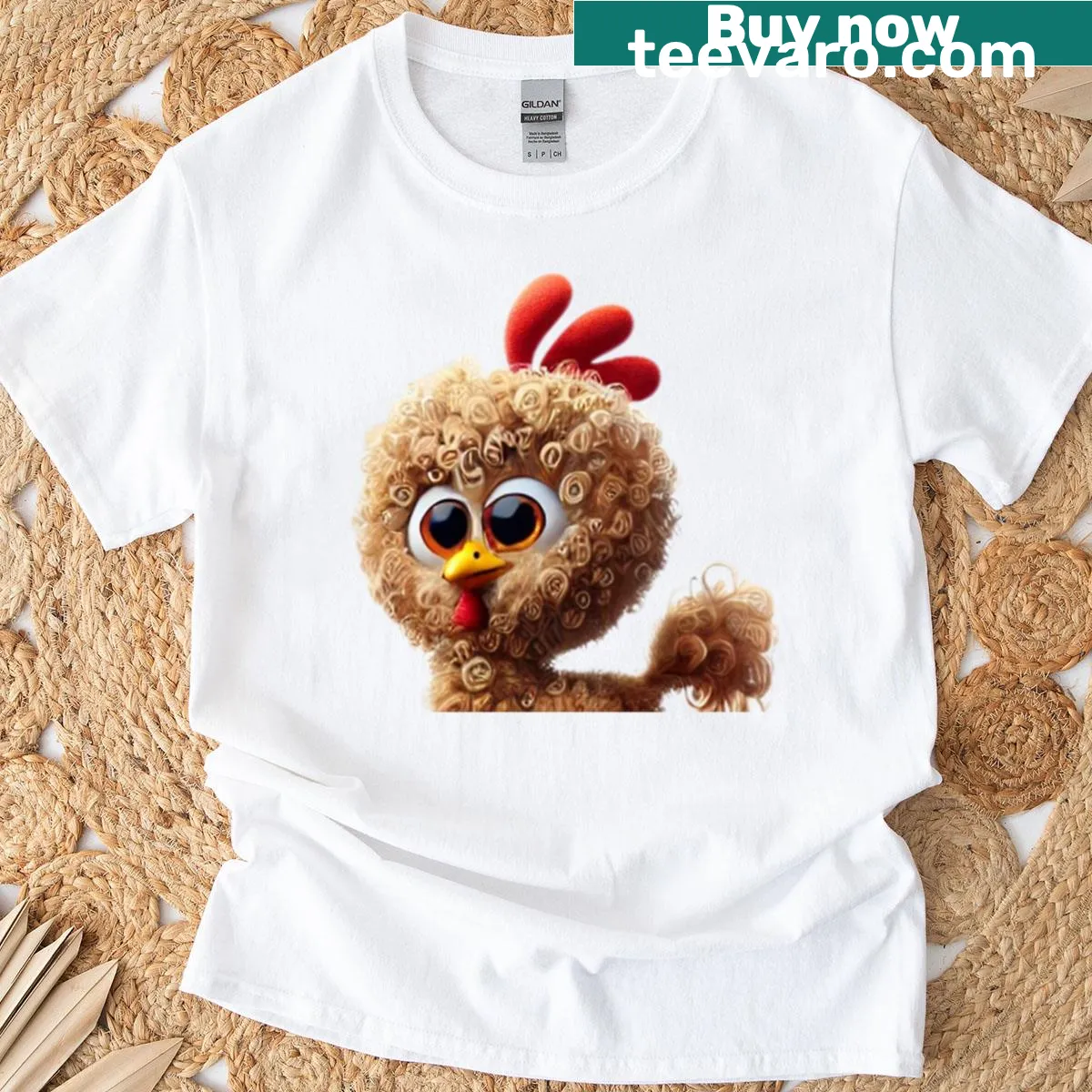 Playful frizzle chicken cartoon graphic on an oversized t-shirt — on a men's t-shirt
