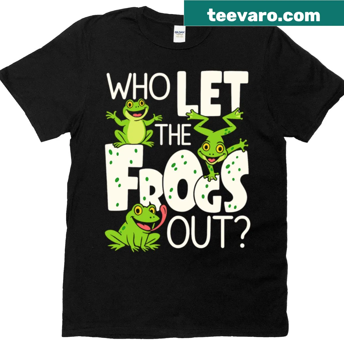 Oversized t-shirt featuring cartoon frogs and 'Who Let The Frogs Out?' text — on a men's t-shirt