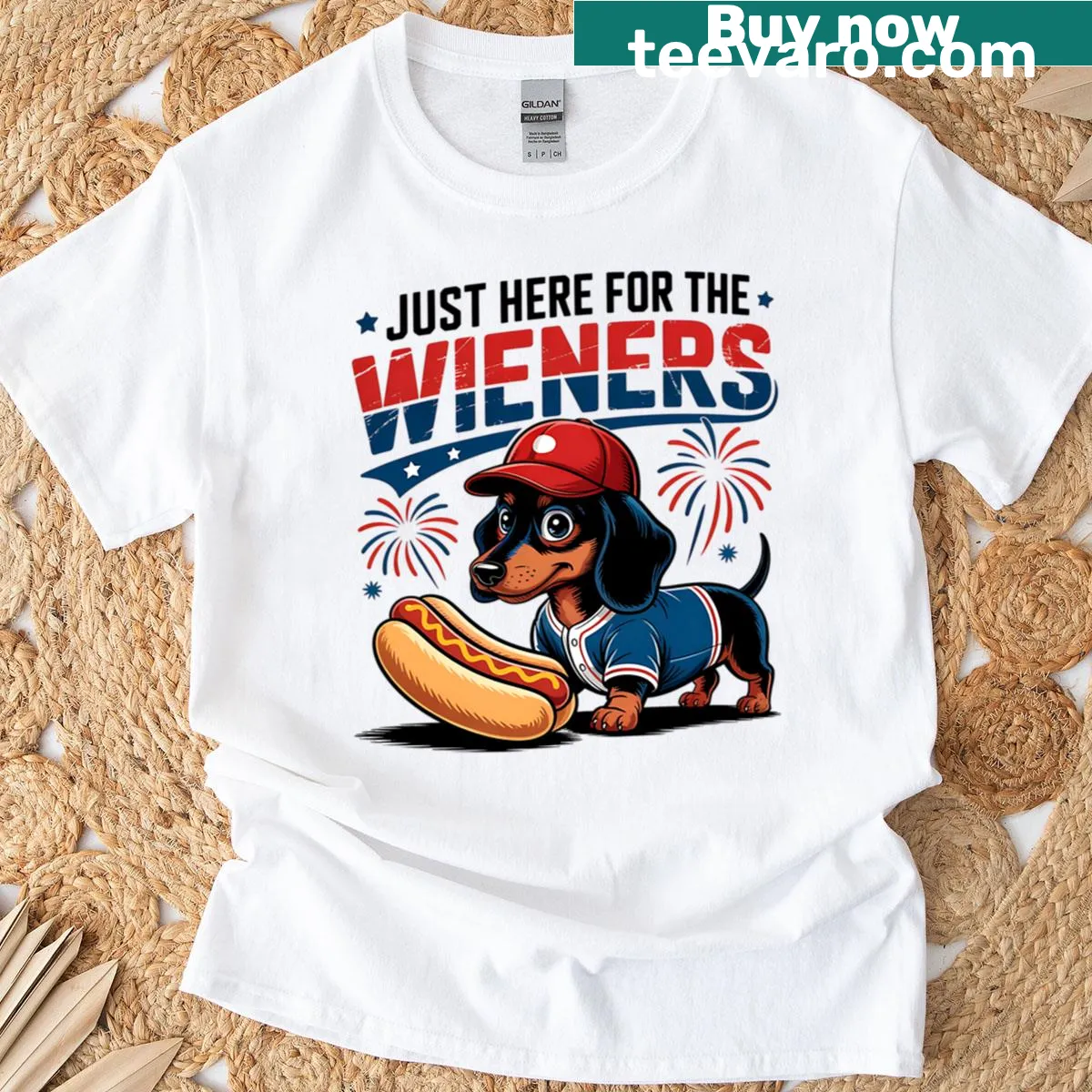 Patriotic T-shirt featuring a dog ready for baseball and Independence Day — on a men's t-shirt