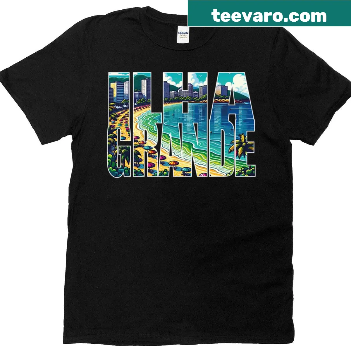 Vintage coastal graphic representing Ilha Grande on a T-shirt — on a men's t-shirt