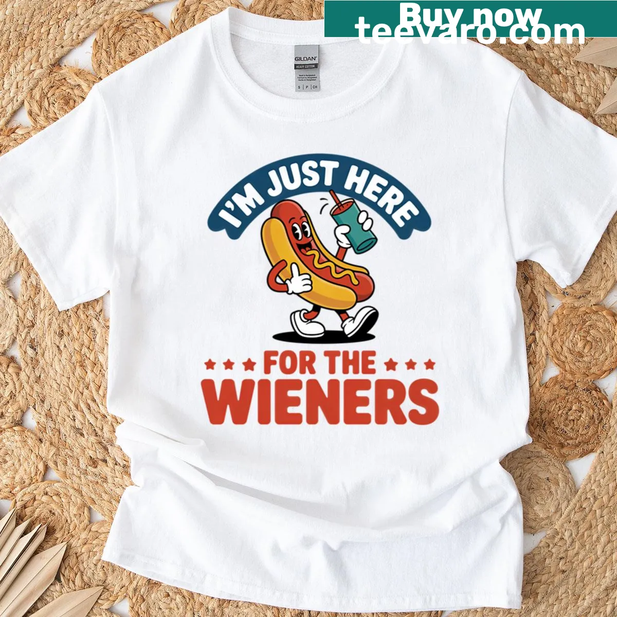 Funny 4th of July t-shirt with a cartoon hotdog design — on a men's t-shirt