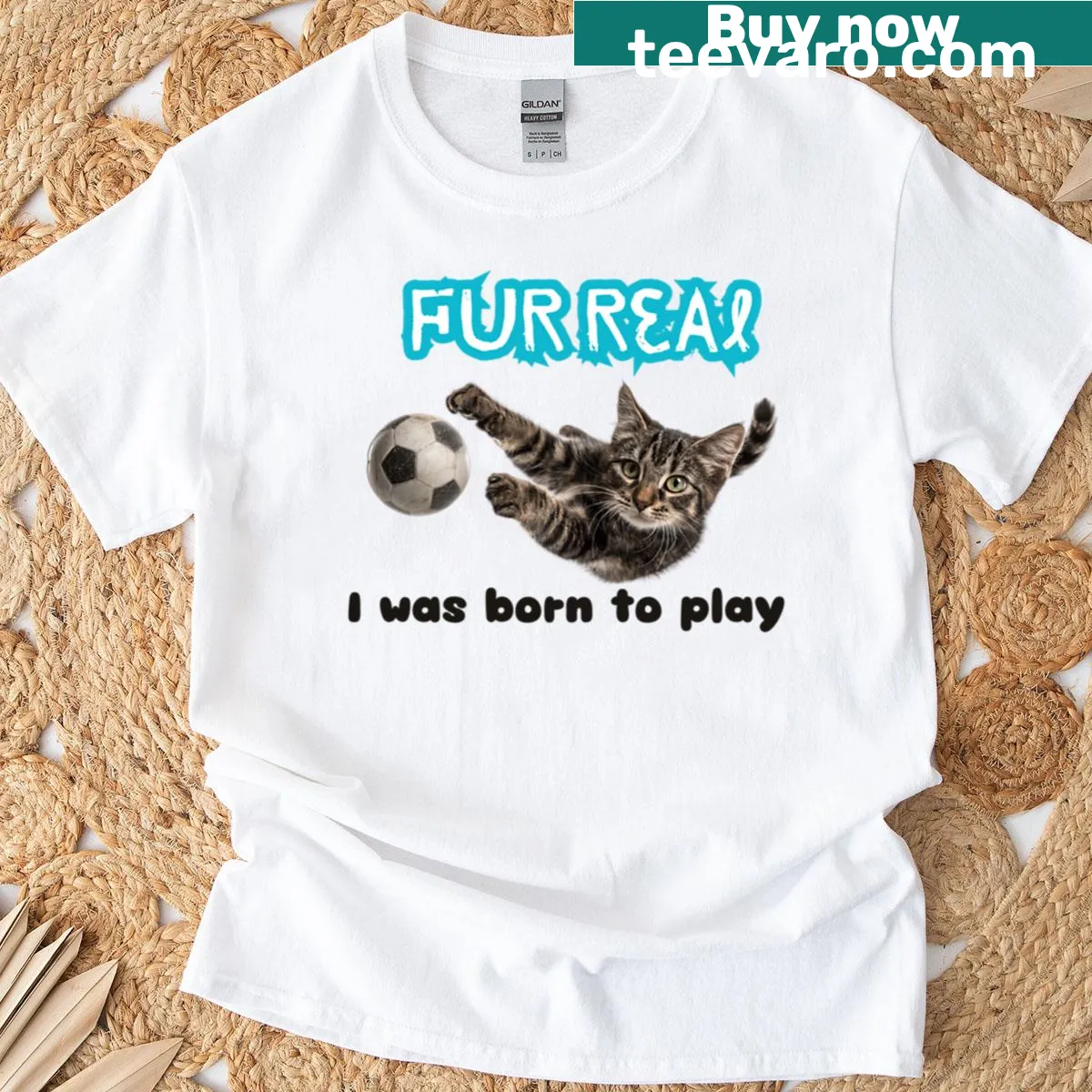 Cartoon soccer cat graphic with humorous slogan t-shirt — on a men's t-shirt