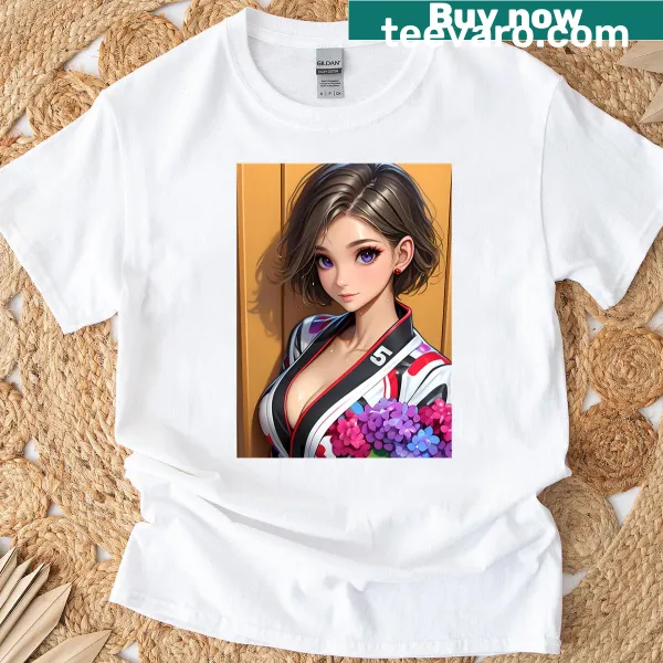 Anime-inspired T-shirt featuring Haru Okumura with floral design
