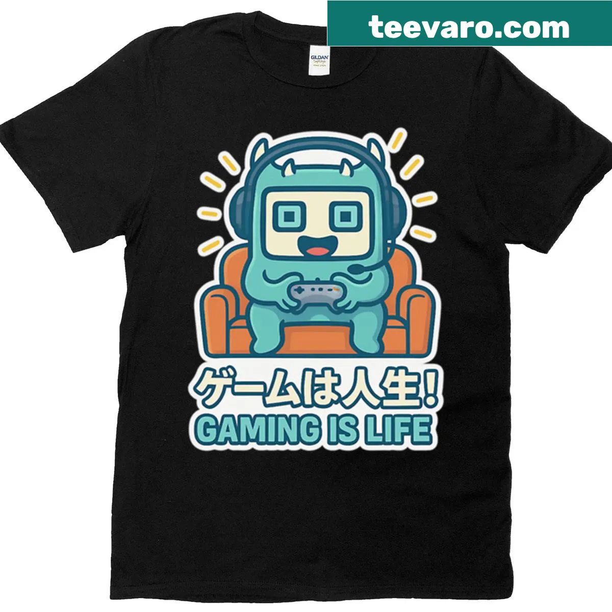 Kawaii Gaming Is Life t-shirt with cheerful monster design — on a men's t-shirt
