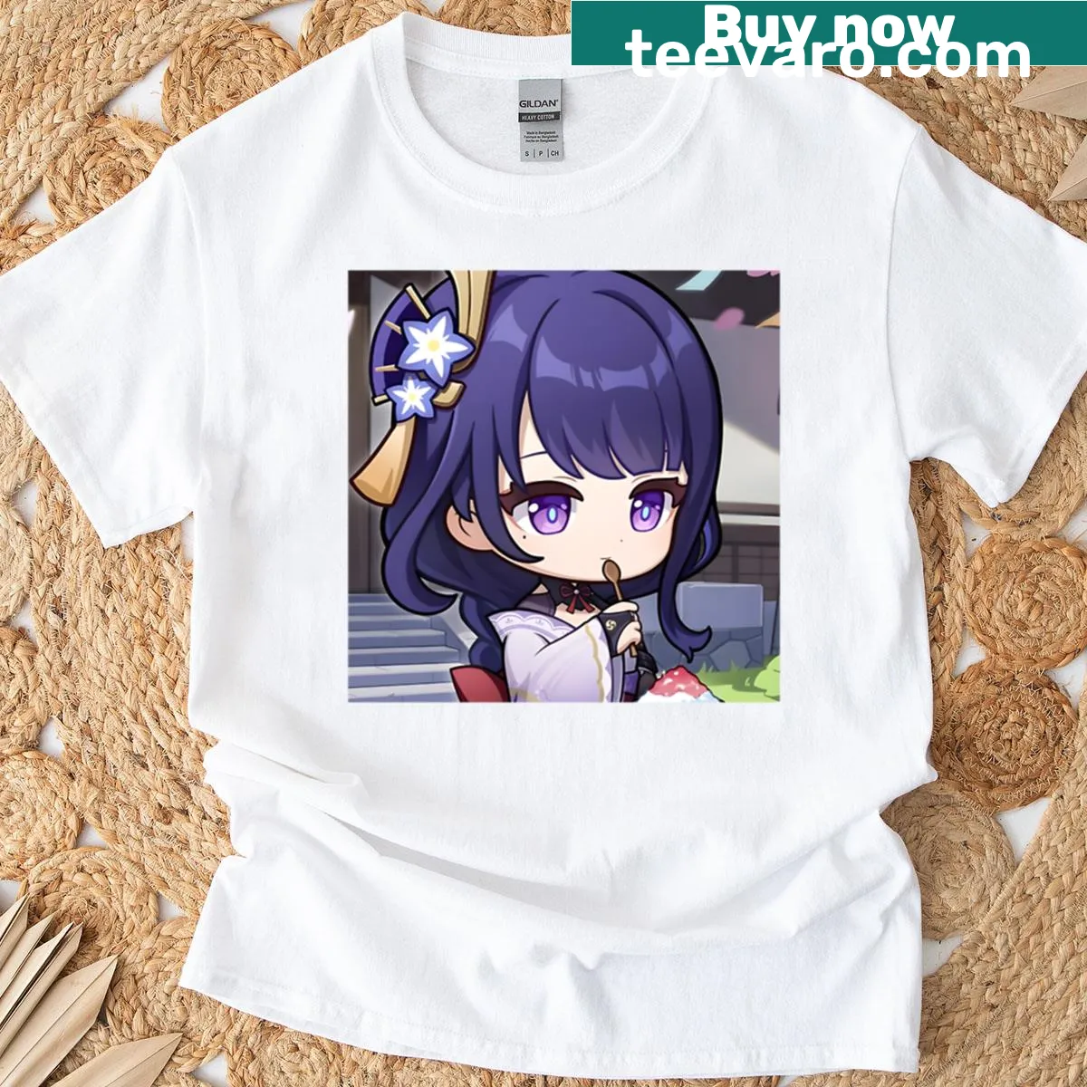 Illustrated Raiden Shogun design from Genshin Impact on a t-shirt — on a men's t-shirt