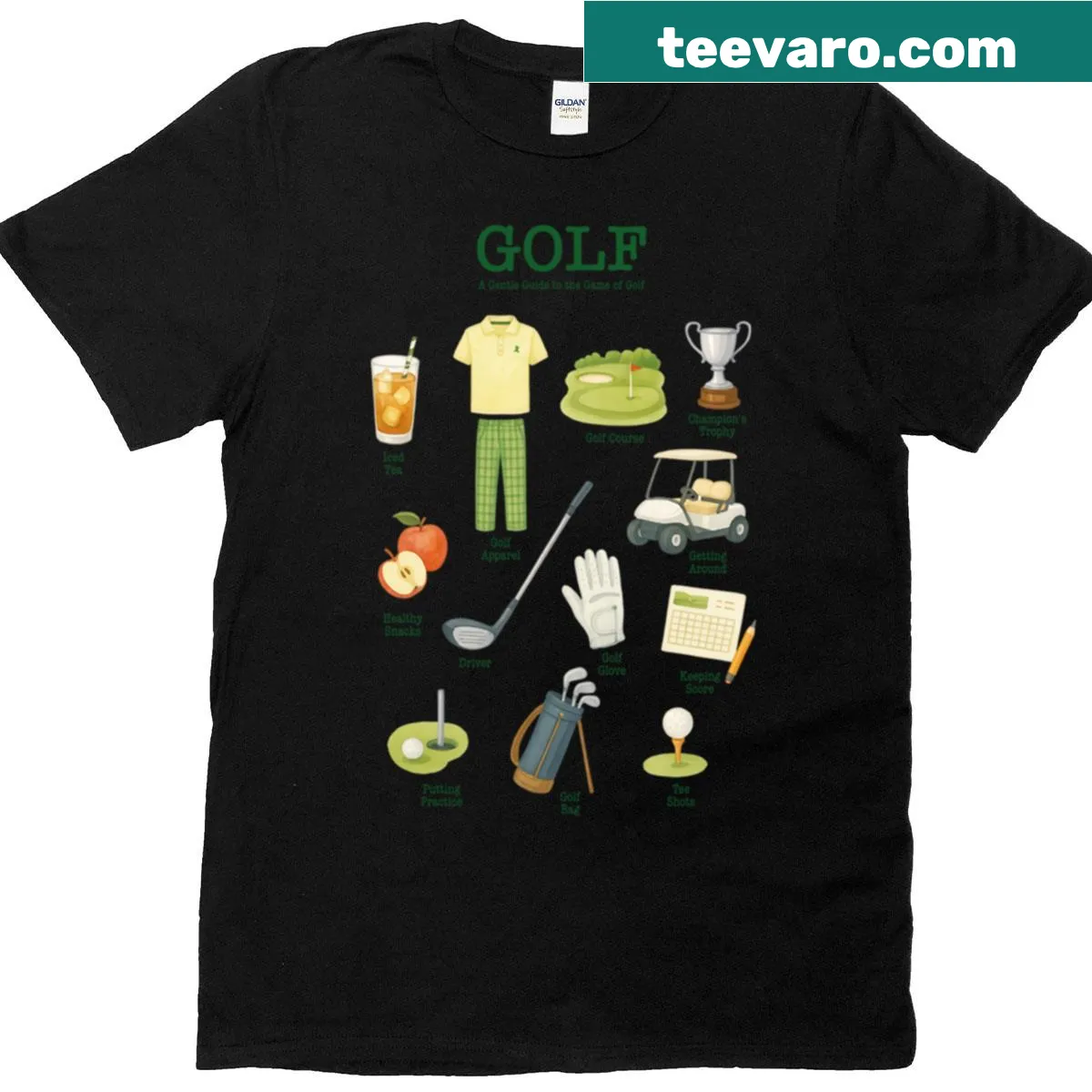 Illustrated T-shirt for beginner golfers with gentle golf guide graphics. — on a men's t-shirt
