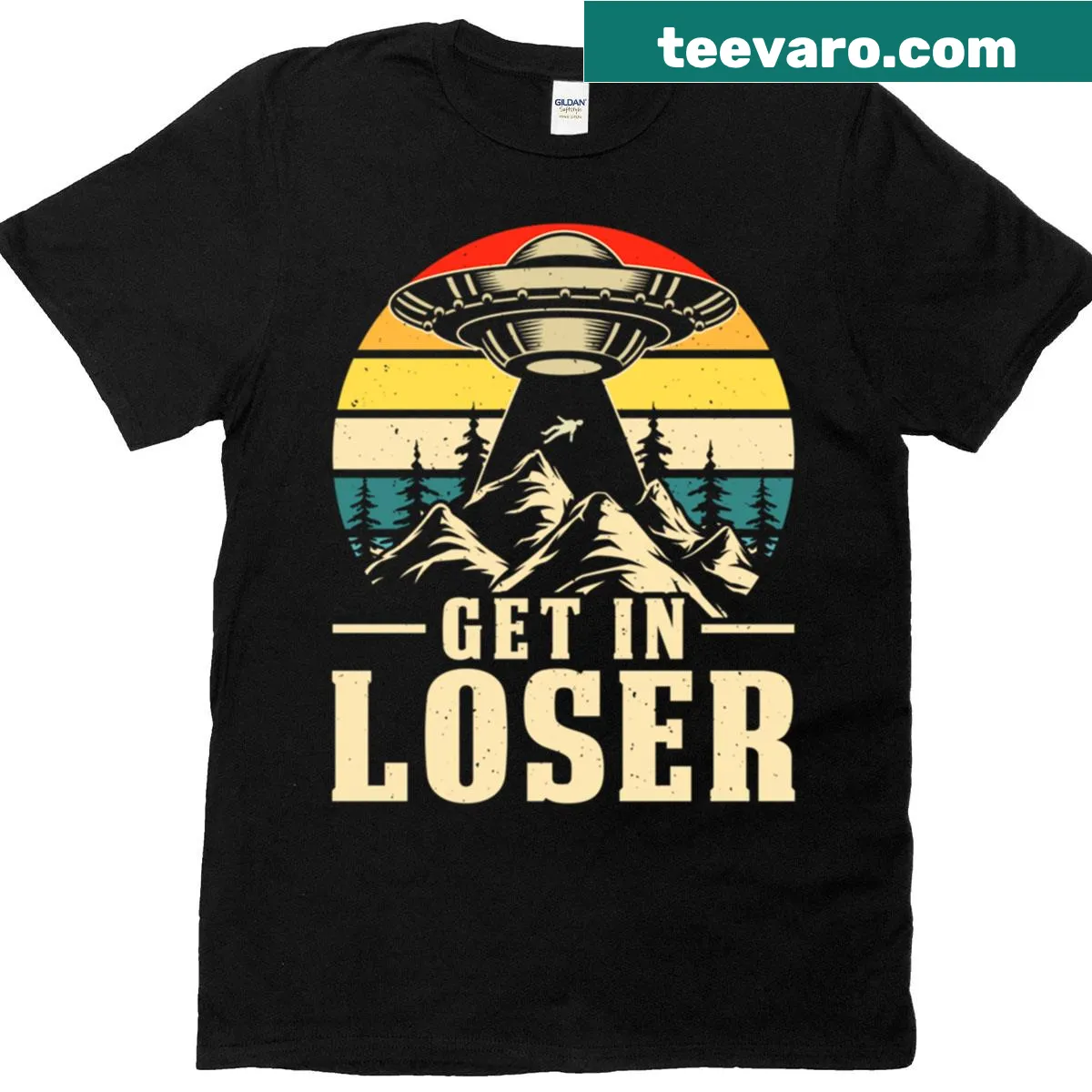 Humorous Get In Loser UFO t-shirt with playful alien design — on a men's t-shirt