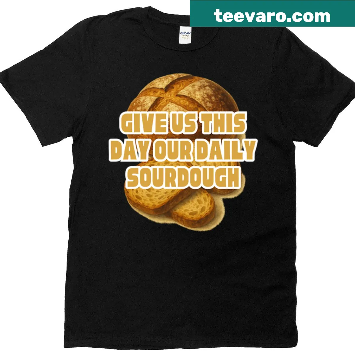 Illustrated T-shirt with a loaf of sourdough and the phrase about daily bread — on a men's t-shirt