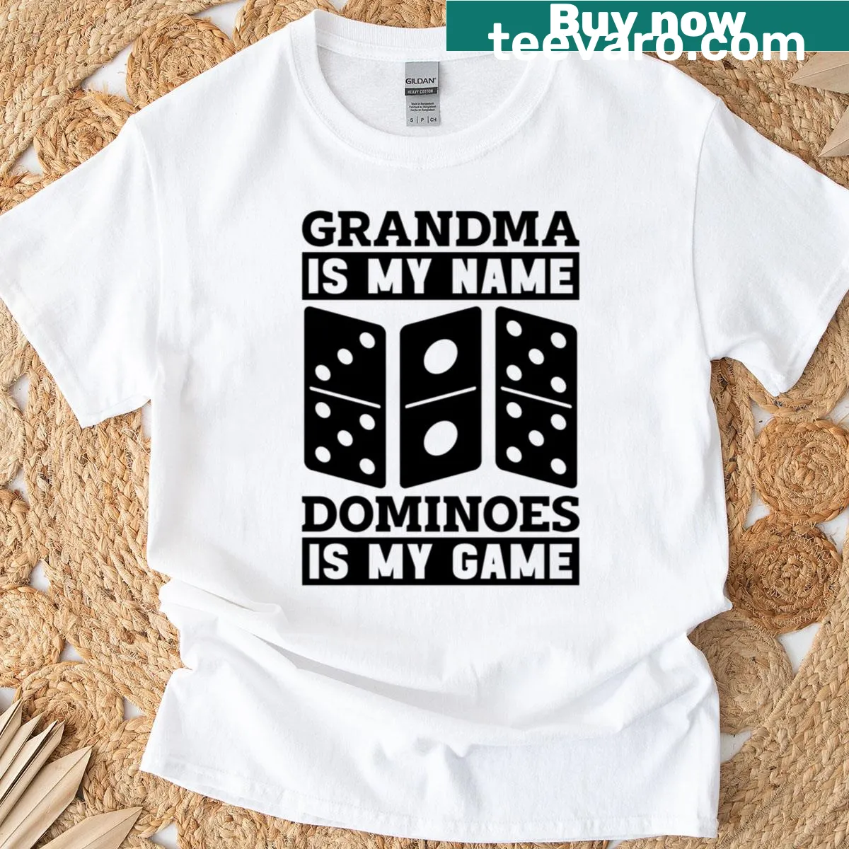 T-shirt with text 'Grandma Is My Name' and dominoes graphic, celebrating family. — on a men's t-shirt