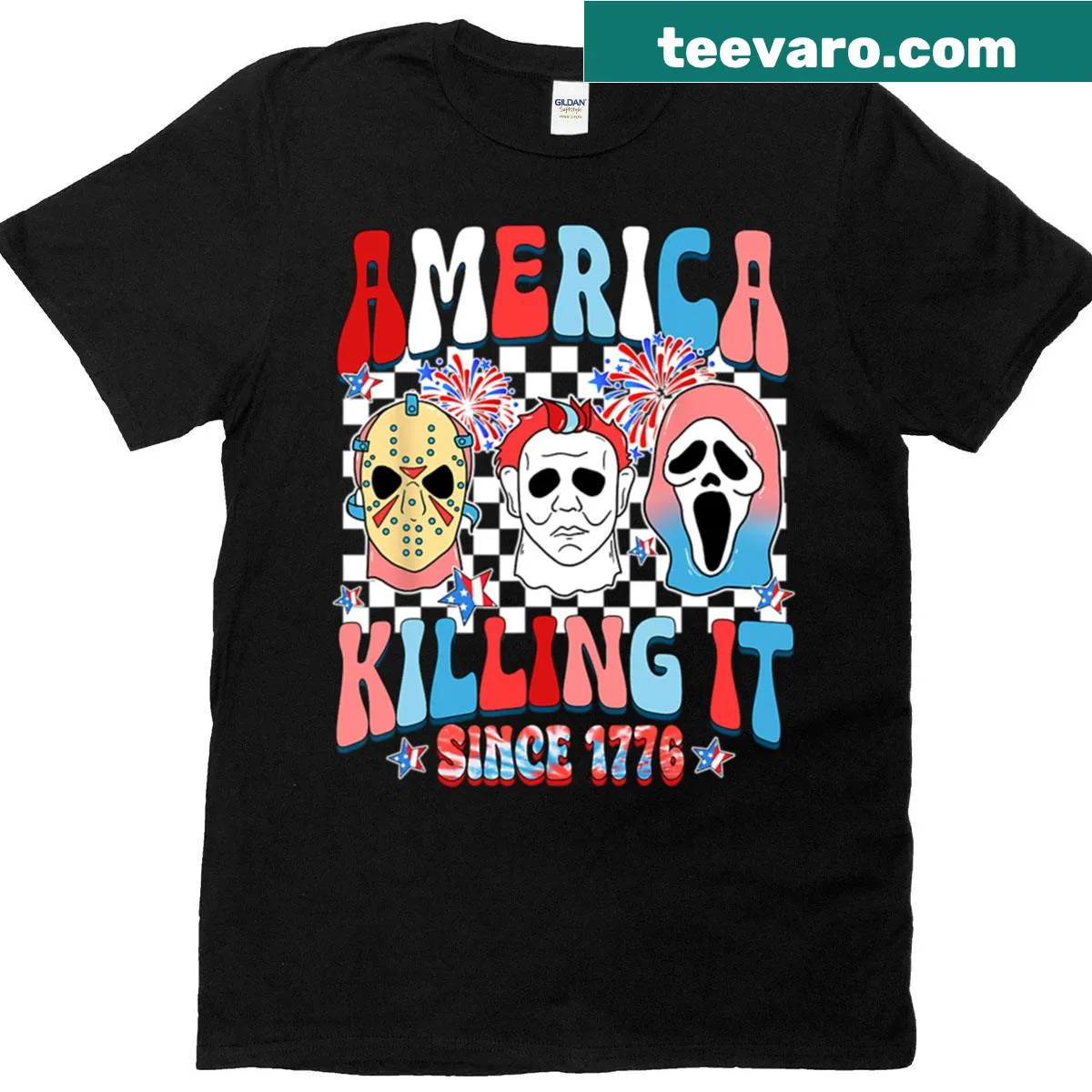 Groovy typography T-shirt celebrating America since 1776 for 4th of July — on a men's t-shirt