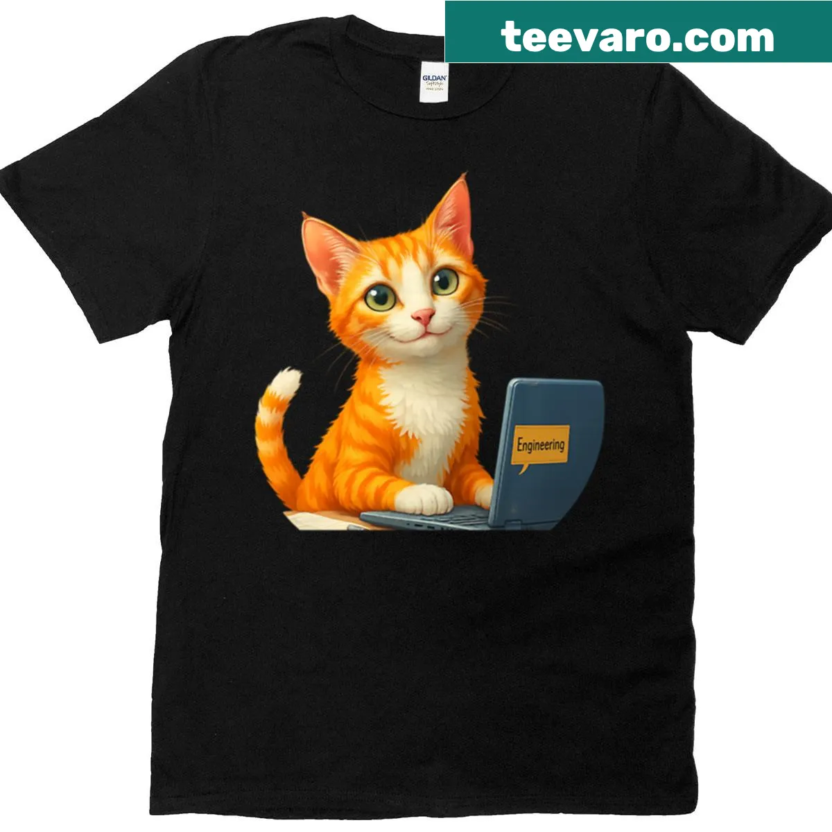 Illustration of a cat typing at a laptop on a cute t-shirt — on a men's t-shirt