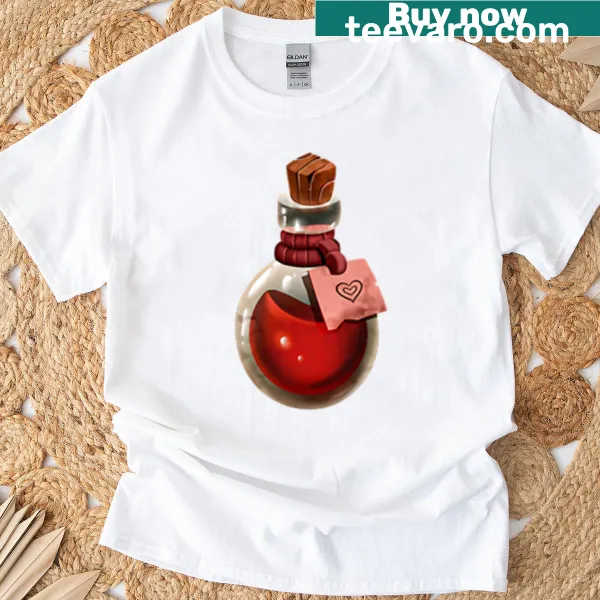 Cartoon illustration of a health potion bottle on a t-shirt