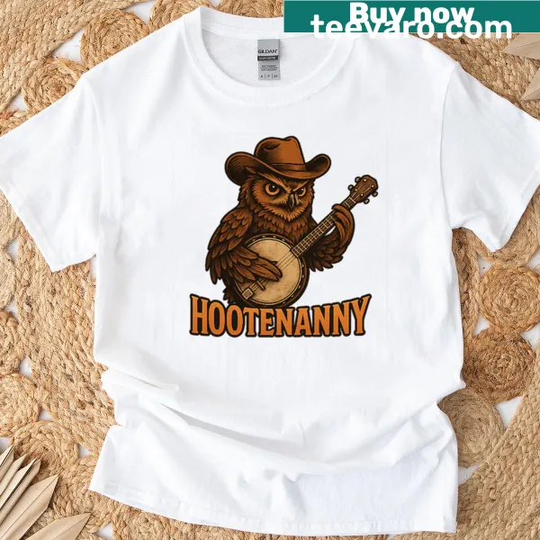 Owl cowboy banjo player graphic T-shirt