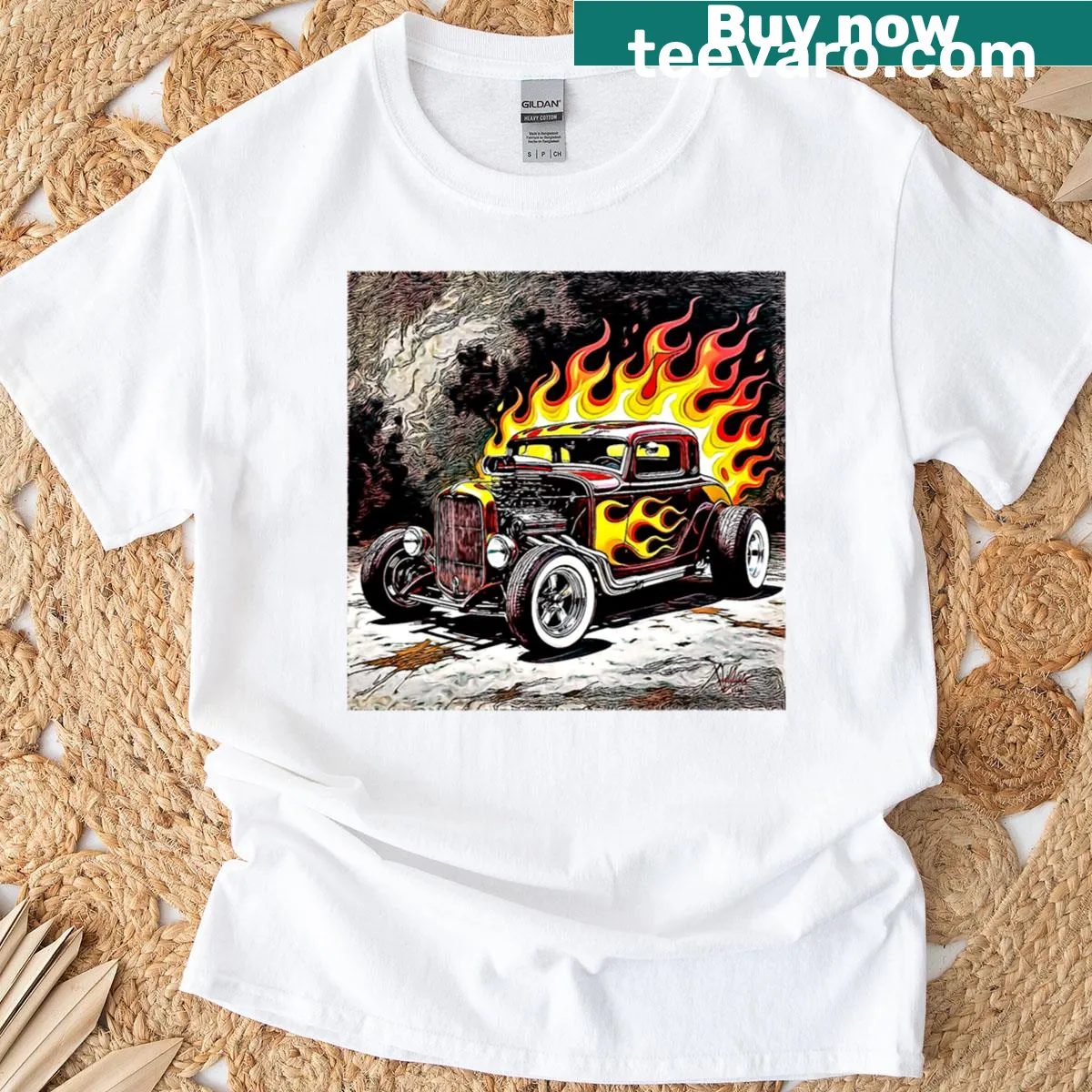 Hot rod illustration with fiery accents graphic T-shirt — on a men's t-shirt