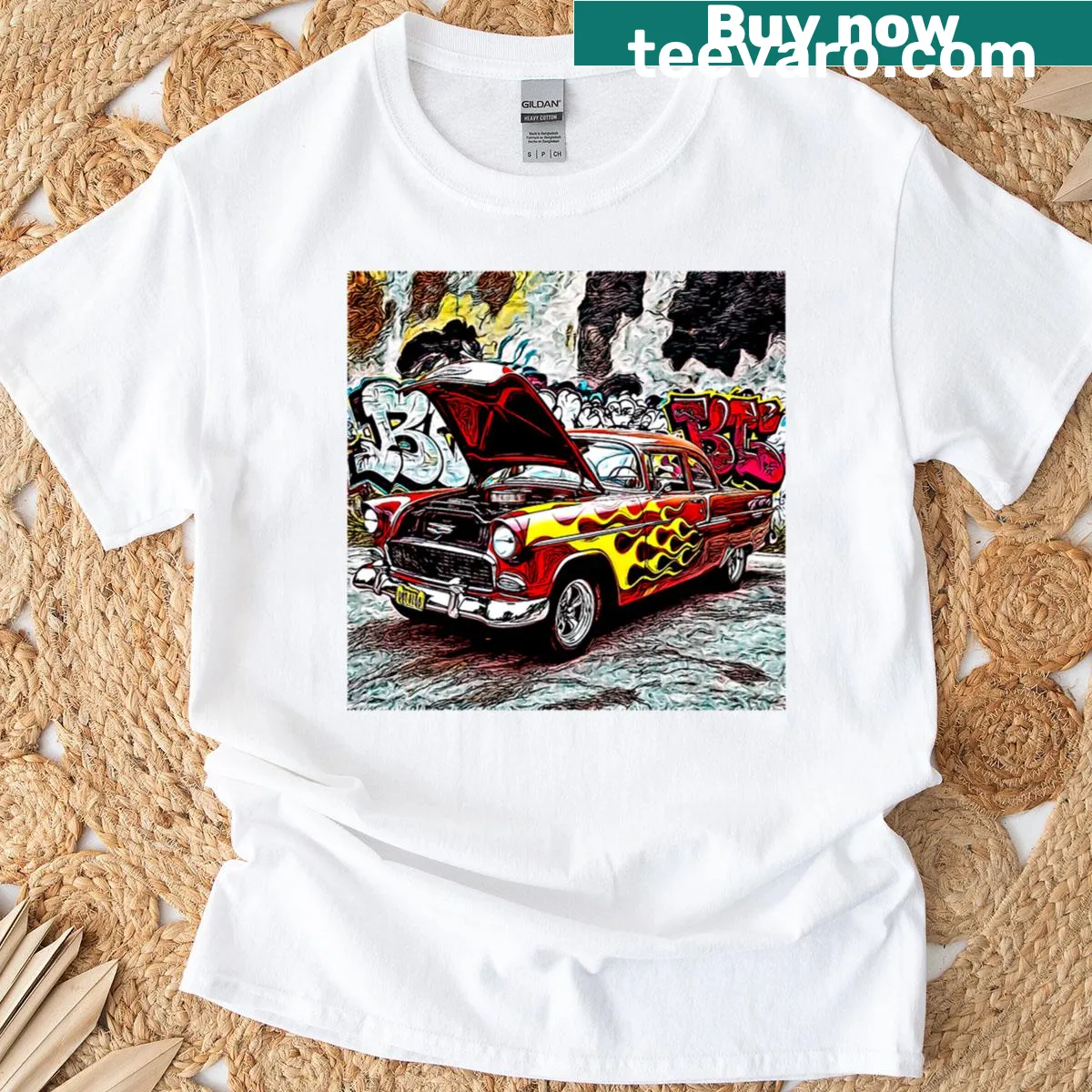 Illustration of a hot rod car with lightning effects on T-shirt — on a men's t-shirt