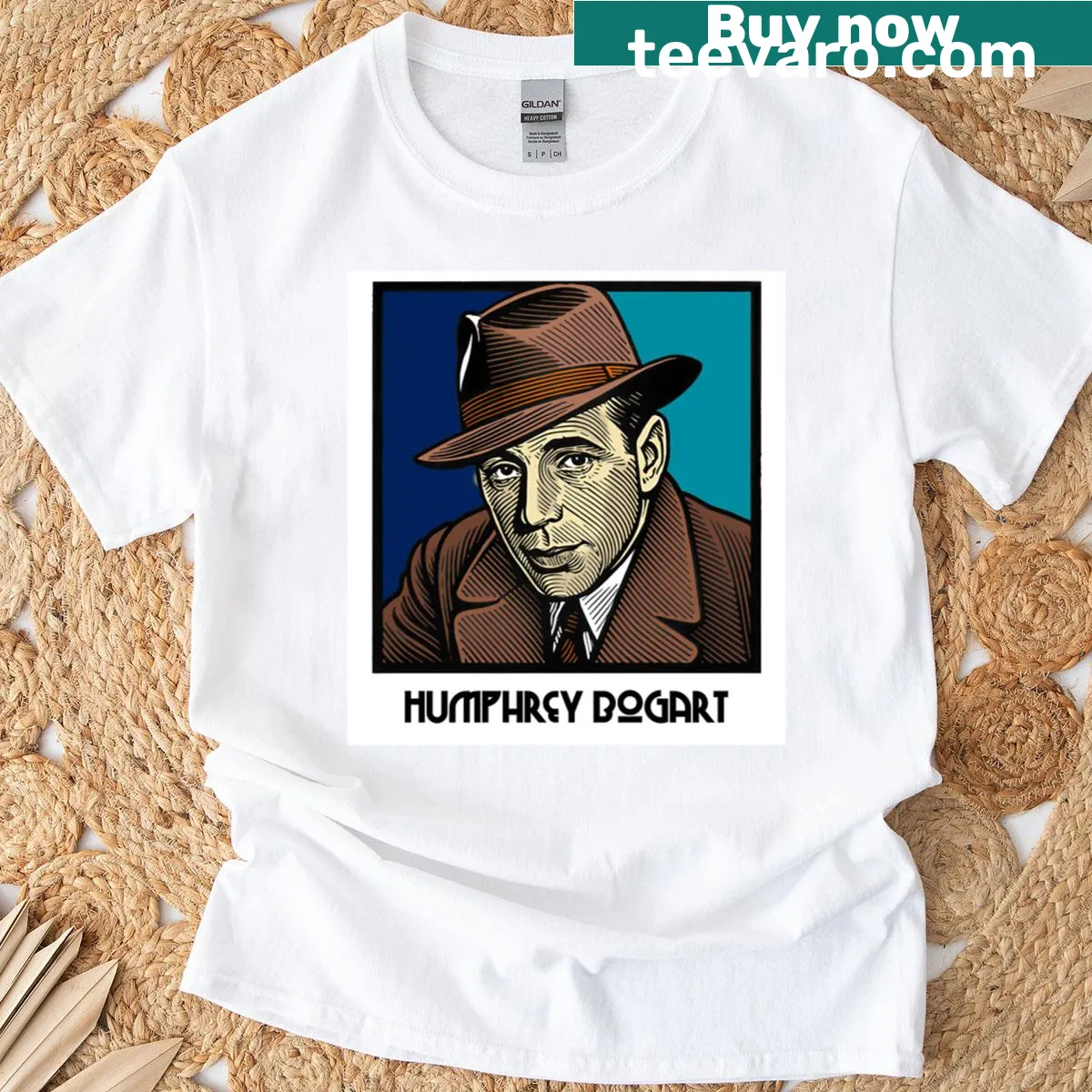 T-shirt featuring Humphrey Bogart's name in a film noir style — on a men's t-shirt
