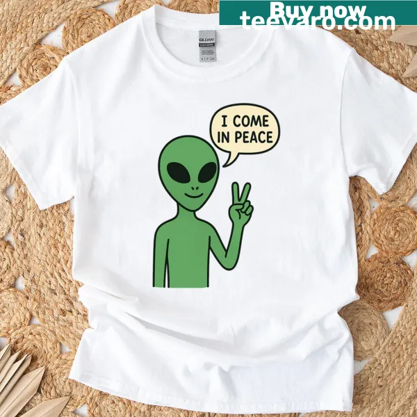 Cartoon alien with peace sign graphic on a T-shirt