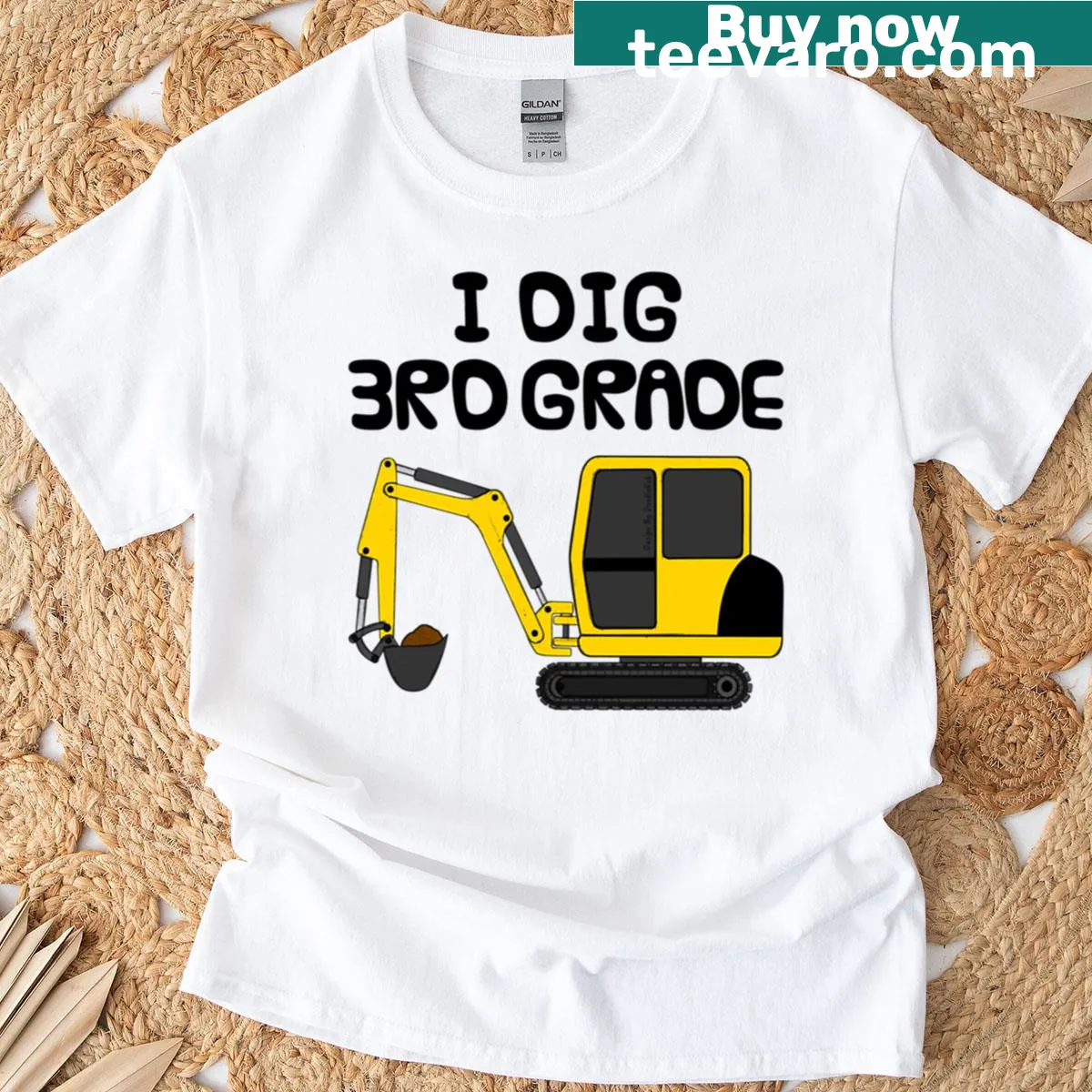 Third-grade construction digger T-shirt design — on a men's t-shirt